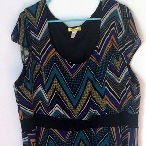 Yellow Star Mix Pattern Cap Sleeve Dress Plus 4x